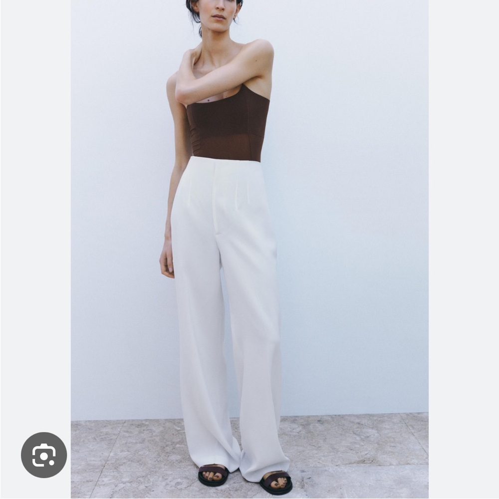Zara Brown Strapless Bodysuit with White Wide-Leg Pants